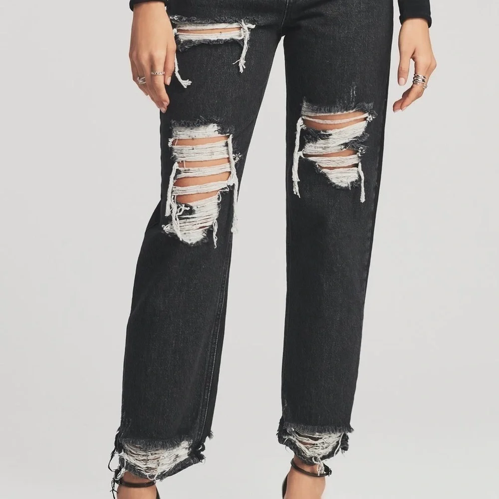 Retrofete Maggie Black Distressed Straight Leg‎ Denim Jeans Sz 27 90s Grunge